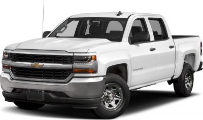 Front view of a crew cab pickup with standard box