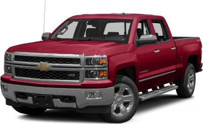 Front and side view of a crew cab pickup with chrome grille and alloy wheels