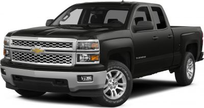 Front and side view of a black pickup with bold grille and double cab.