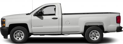 Side profile of regular cab full-size pickup with long bed and rugged tires.