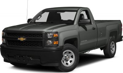 Front-side view of regular cab pickup with black grille and steel wheels