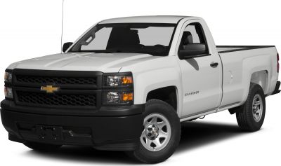 White pickup truck front and side view with black grille and single cab