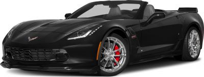 Front view of black convertible sports car with LED headlights and chrome wheels