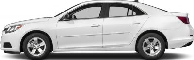 Side profile of a white sedan with alloy wheels