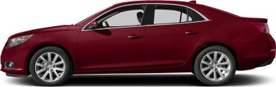 Side profile of a red sedan with alloy wheels