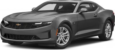 Front three-quarter view of gray muscle car with honeycomb grille