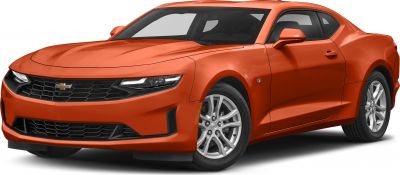 Front and side view of orange sports coupe with bold grille and angular headlights.