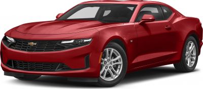 Red sports coupe with aggressive front grille and narrow LED headlights