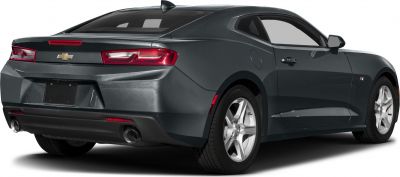 Rear view of a sleek muscle car coupe with dual exhausts and modern tail lights