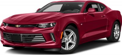 Front side view of a red sports coupe with aggressive headlights and alloy wheels