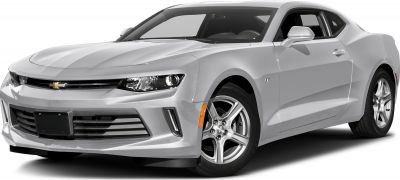 Silver muscle coupe front and side view with alloy wheels.