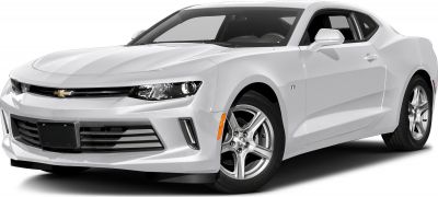 Front fascia and side profile of a white muscle car with sporty design