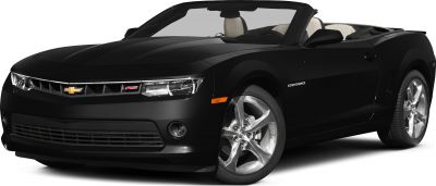 Front angled view of black Camaro V facelift convertible with open top