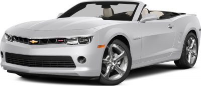 Front angled view of a white convertible with aerodynamic shape and chrome alloy wheels