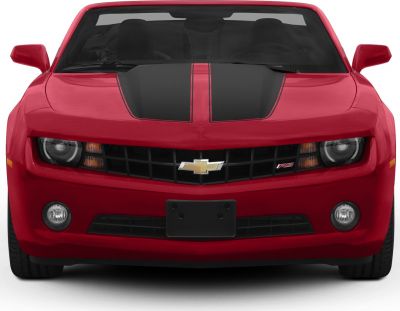 Front view of a muscle car with black hood stripe and RS badge
