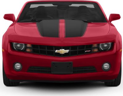 Front view with black racing stripes and Chevrolet grille