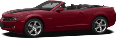 Red convertible muscle car with black racing stripe and alloy wheels
