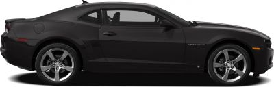 Side profile view of a black coupe with five-spoke alloy wheels.