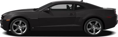 Black coupe side profile with alloy wheels and sleek design.