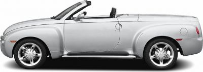 Side profile of a silver convertible pickup with retro styling and open roof