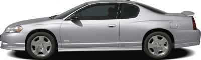 Silver two-door coupe with SS badge and rear spoiler side view