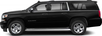 Side profile of black full-size SUV with chrome wheels and running boards.