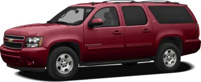 Red large SUV side profile with roof rails and tinted windows