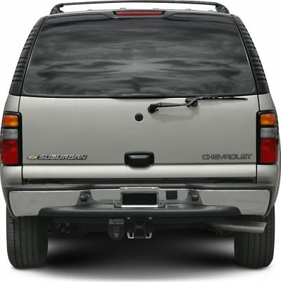 Rear view with tinted window, tailgate, rear wiper, and towing hitch