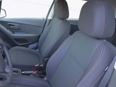 Front seats with fabric upholstery and contrast stitching