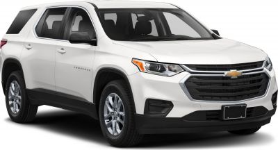 Front side view of white mid-size SUV, prominent grille and headlights