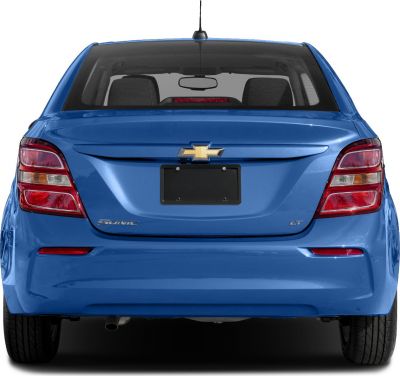 Rear view with distinctive taillights and emblem on blue sedan