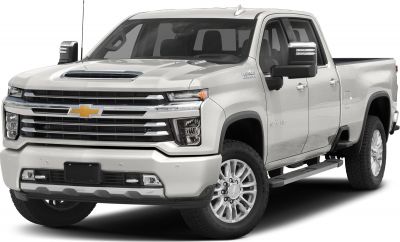 Front view of heavy-duty pickup with grille and hood scoop