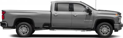 Crew cab pickup with standard bed and side step, rugged wheels, and tinted windows.
