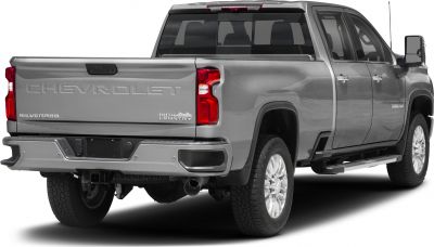 Rear view of heavy-duty pickup truck with double cab and long bed