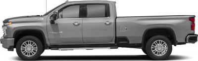 Side profile of heavy-duty double cab truck with long bed and rugged tires