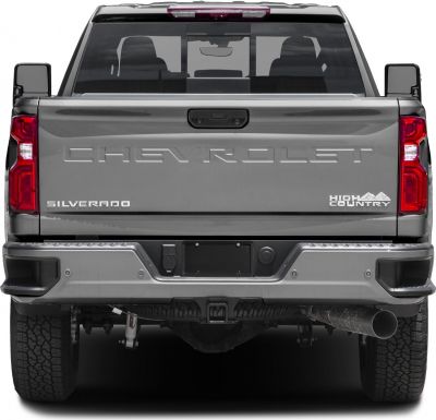 Rear view showing tailgate, lights, and bumper of heavy duty pickup truck