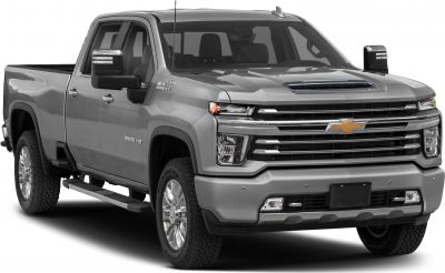 Heavy-duty pickup with aggressive front grille and towing mirrors