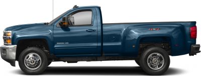 Side view of heavy-duty pickup with dual rear wheels and extended bed