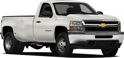 Front-side view of heavy-duty pickup with regular cab and dual rear wheels