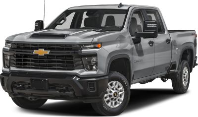 Front and side view of heavy-duty pickup with crew cab and long bed