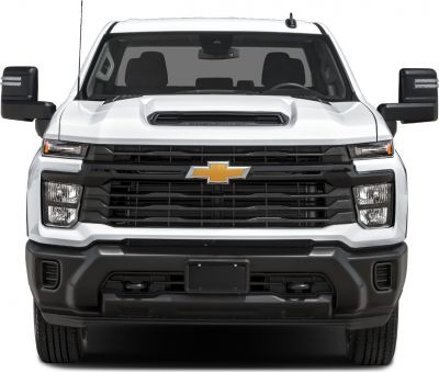 Front view with grille, headlights, hood scoop and towing mirrors
