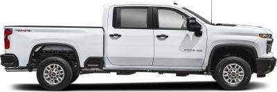 Side profile of a double cab pickup with long bed and off-road wheels