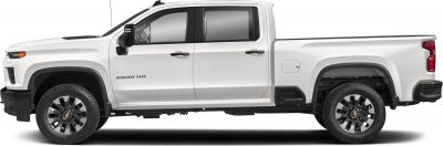 Side view of Double Cab pickup with long bed and rugged tires.