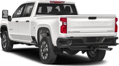Rear view of double cab long bed pickup with detailed tailgate and exhaust