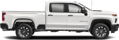 Side view of heavy duty double cab pickup with long bed and rugged wheels