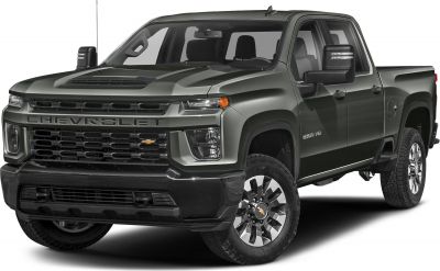Front and side view of heavy-duty pickup with rugged grille and double cab
