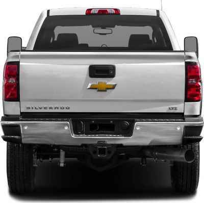 Rear view of heavy-duty pickup with chrome bumper and tailgate handle