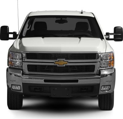 Front view of heavy-duty pickup with Chevrolet grille and headlights