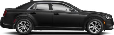 Side profile view of black luxury sedan with chrome multi-spoke wheels