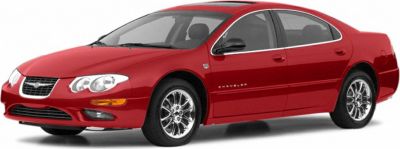 Front side view of a red four-door sedan with chrome wheels and distinct rounded headlights